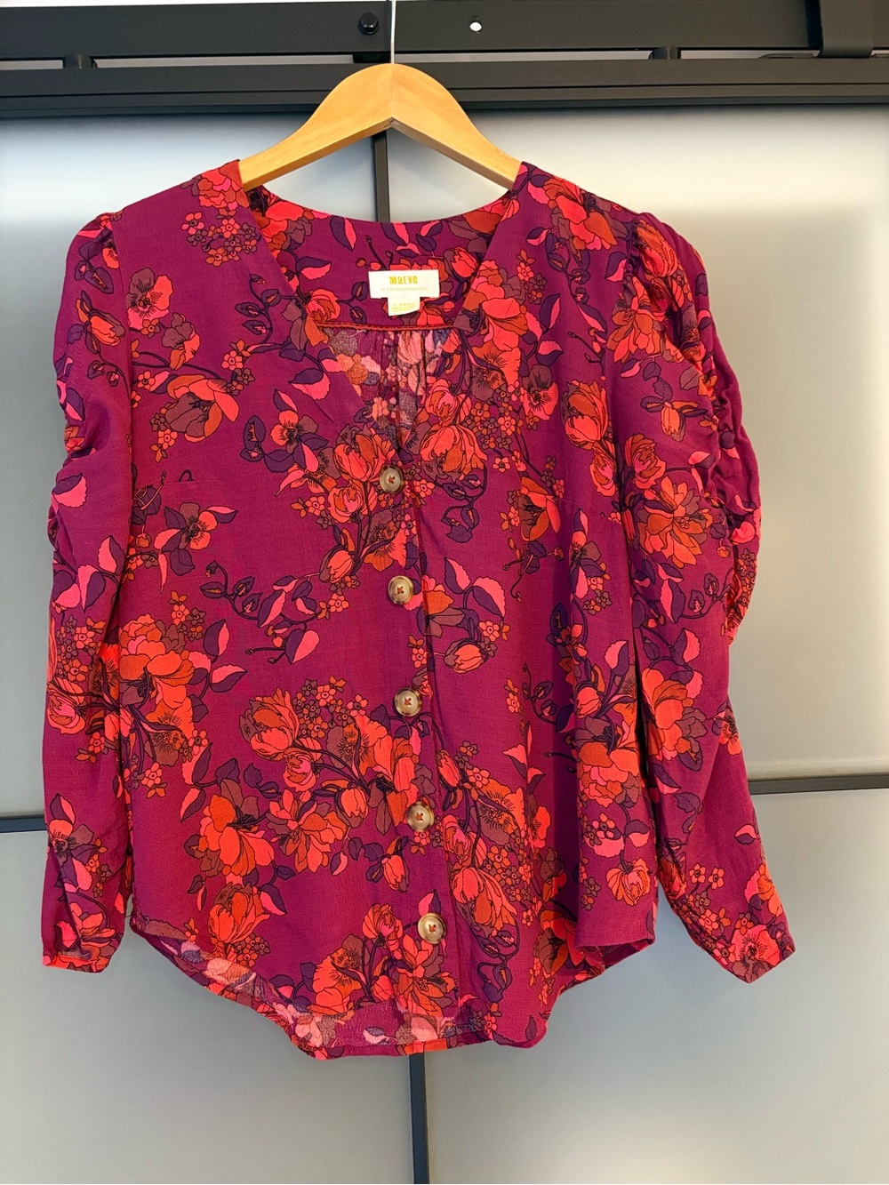 Anthropologie - Maeve- Women's Magenta Floral Button-Front Blouse